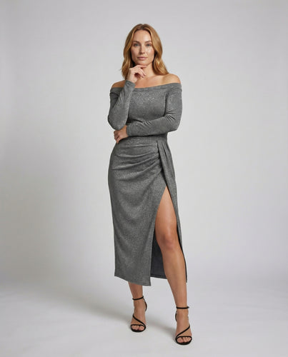Damen Shimmer-Midikleid Off-Shoulder Beinschlitz
