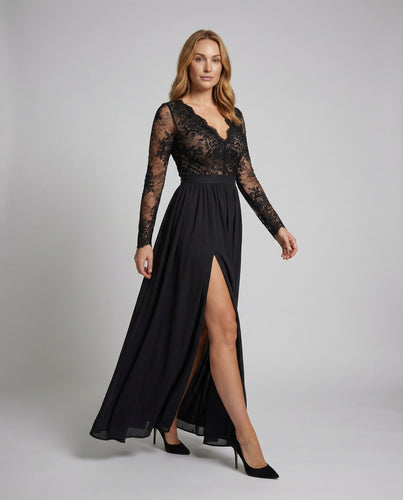 Damen Abendkleid Spitzenbustier Langarm Beinschlitz