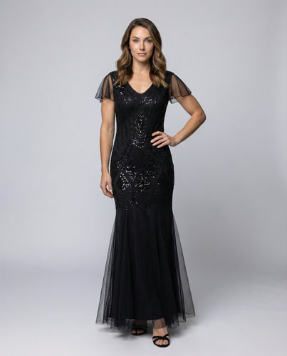 Damen Gala-Maxi Stickerei Tüllsaum Kurzarm