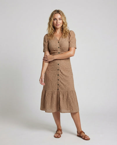 Damen Midikleid Lochstickerei Puffärmel Knopfleiste