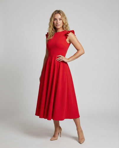 Damen Midikleid Rüschen-Schulter Rundhals Tellerrock