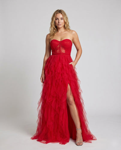 Damen Couture-Abendkleid Trägerlos Tüllvolants