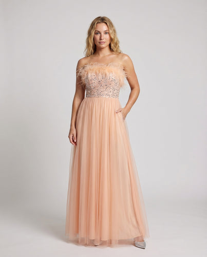 Damen Gala-Maxikleid Feder-Bustier Kristallstickerei