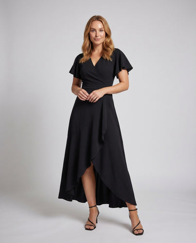Damen Maxikleid V-Ausschnitt Flatterärmel Volant-Saum