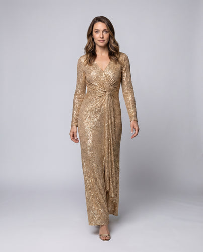 Damen Wickel-Maxikleid Pailletten Langarm Drapierung