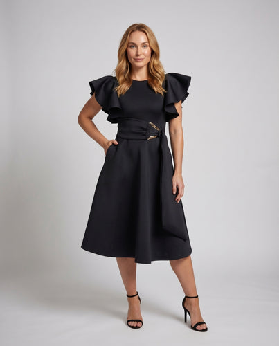 Damen Midikleid Ausgestellt Rüschenärmel Schnalle