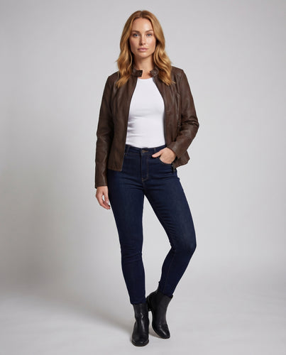 Damen Kunstleder-Racerjacke Stehkragen Teilungsnähte