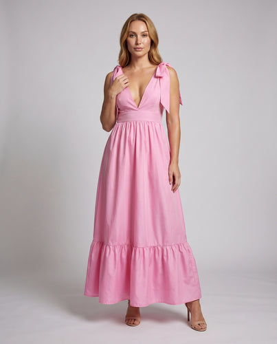 Damen Empire-Maxikleid V-Ausschnitt Volantsaum Raffung