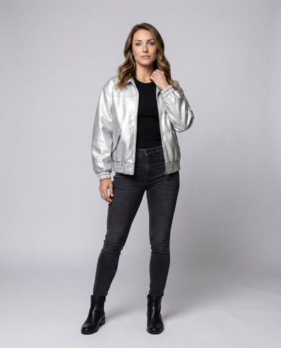 Damen Kunstleder-Blouson Umschlagkragen Elastikbund