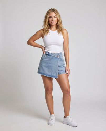 Damen Jeansminirock High-Waist Wickeloptik Asymmetrisch