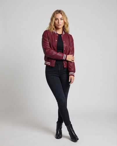 Damen Collegejacke Lederimitat Rippbündchen Druckknöpfe