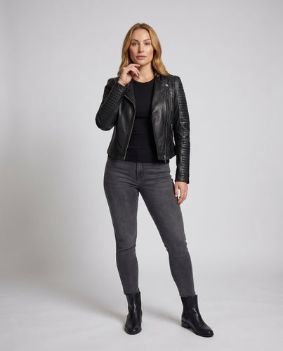 Damen Bikerjacke Tailliert Stehkragen Ripp-Paneele