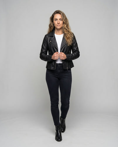 Damen Bikerblouson Vegan-Leder Revers Reißverschlusstaschen