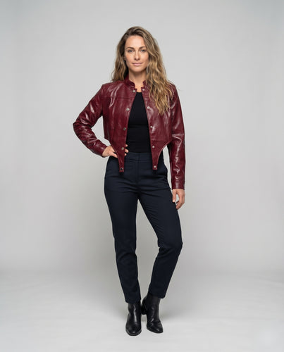 Damen Lederjacke Kurz Vegan Stehkragen Druckknöpfe