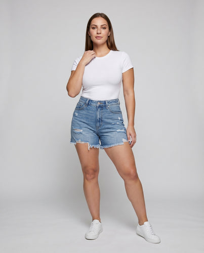 Damen Jeansshorts Mittelhoher Bund Fransensaum Risse