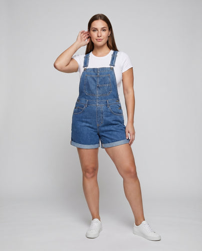 Damen Jeanslatzhose Kurz Verstellbare Träger Gekrempelt