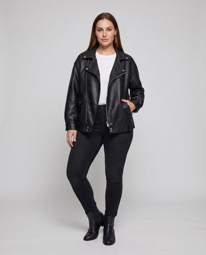 Damen Bikerjacke Oversize Lederlook Asymmetrisch