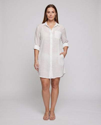 Damen Hemdkleid Halbtransparent Knopfleiste Krempelärmel