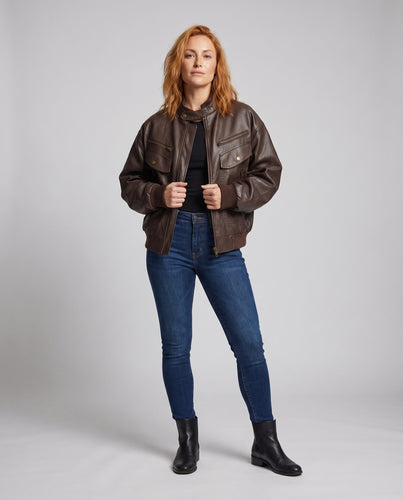 Damen Lederblouson Stehkragen Reißverschlussfächer