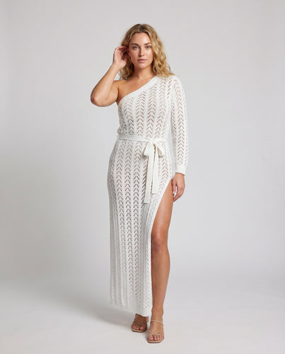 Damen Häkel-Maxikleid Ein-Schulter Beinschlitz Gürtel