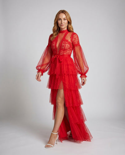 Damen Tüll-Abendkleid Rüschenstufen Puffärmel Beinschlitz