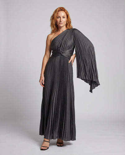 Damen Plissee-Maxikleid Ein-Schulter Cape-Ärmel Knoten