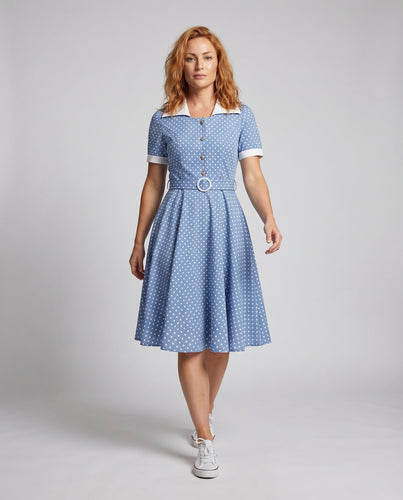 Damen Retro-Swingkleid Tellerrock Kontrastkragen Gürtel