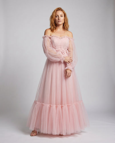 Damen Off-Shoulder Festkleid Tüll Ballonärmel Volants