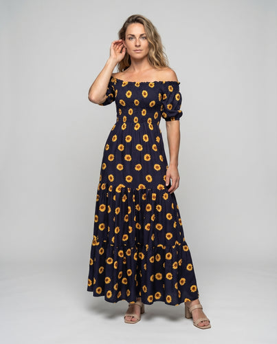 Damen Off-Shoulder Maxikleid Smokoberteil Stufenrock