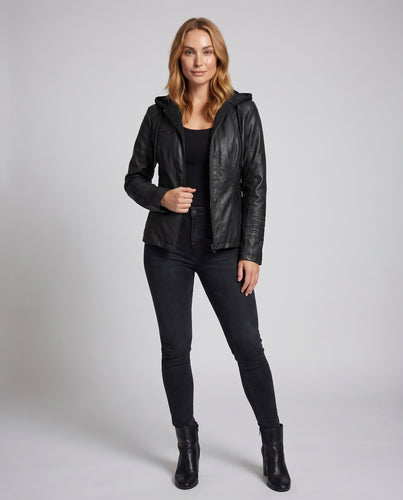 Damen Kunstlederjacke Tailliert Kapuze Gesteppt