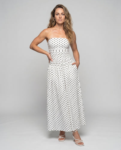 Damen Maxikleid Trägerlos Punkte-Muster Raffung