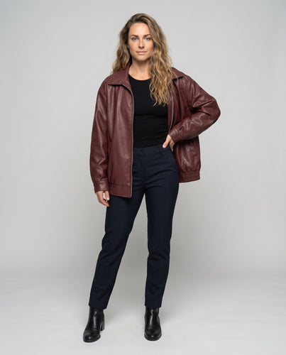 Damen Kunstlederblouson Oversize Hemdkragen Elastiksaum
