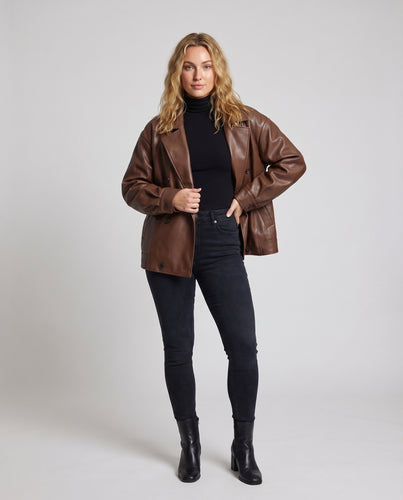 Damen Kunstlederjacke Zweireiher Breites Revers