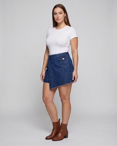 Damen Jeans-Wickelrock High-Waist Roher Saum