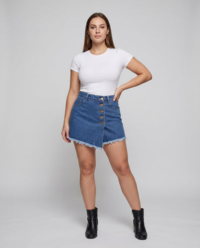 Damen Jeansminirock Asymmetrisch Knopfleiste Fransen