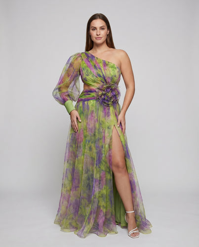 Damen Chiffon-Abendkleid Ein-Schulter Beinschlitz Federblumen