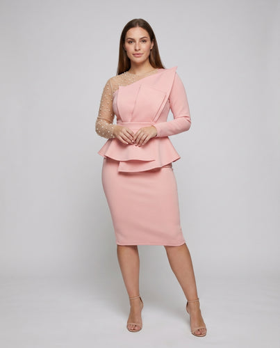 Damen Midikleid Peplum Perlenapplikation Transparent-Ärmel