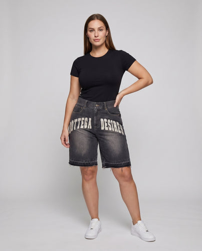 Damen Denim-Bermuda Logo-Schriftzug High-Waist Fransen