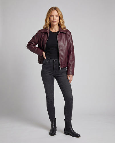 Damen Kunstlederjacke Boxy-Schnitt Hemdkragen Reißverschluss