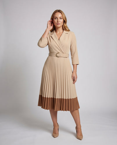 Damen Blazerkleid Plissee-Midirock Taillengürtel