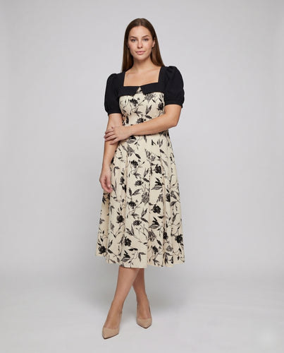 Damen Midikleid Quadrat-Ausschnitt Puffärmel A-Linie