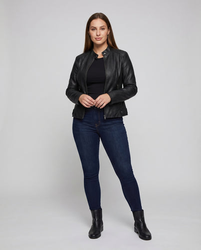Damen Kurzblouson Lederimitat Stehkragen Reißverschlusstaschen