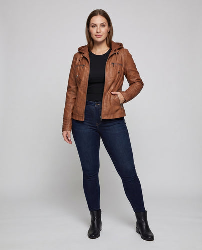 Damen Kapuzenjacke Vegan-Leder Gesteppt Doppel-Zipp