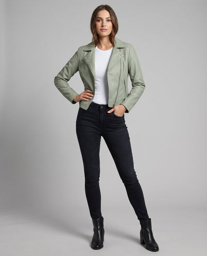 Damen Kunstlederjacke Figurbetont Asymmetrisch Zipper-Taschen
