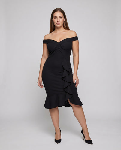Damen Off-Shoulder-Midikleid Knoten-Bustier Volants Trompetensaum