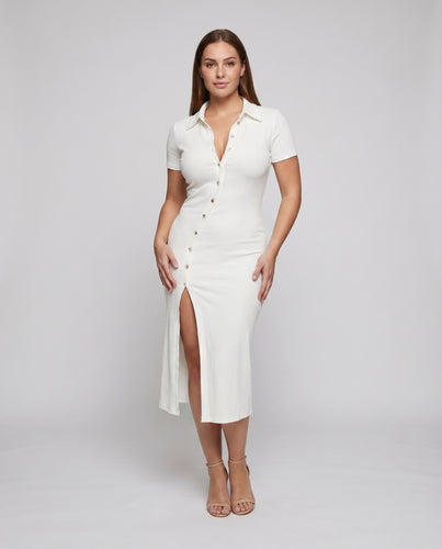 Damen Polokleid Rippstrick Zierknöpfe Beinschlitz