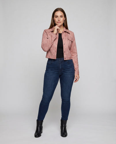 Damen Veloursjacke Trucker-Stil Druckknöpfe Brustklappen