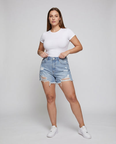 Damen Jeans-Hotpants High-Waist Fransensaum Used-Effekt