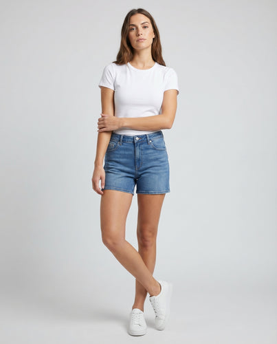 Damen Jeansbermuda High-Waist Gerades Bein Weicher Griff