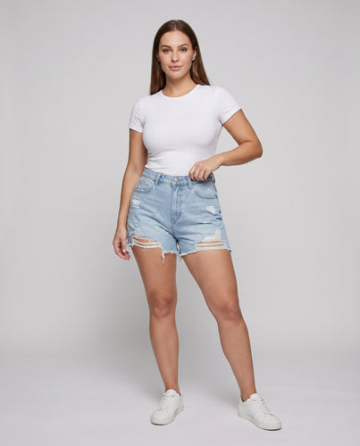 Damen Jeansshorts High-Waist Fransensaum Rissdetail